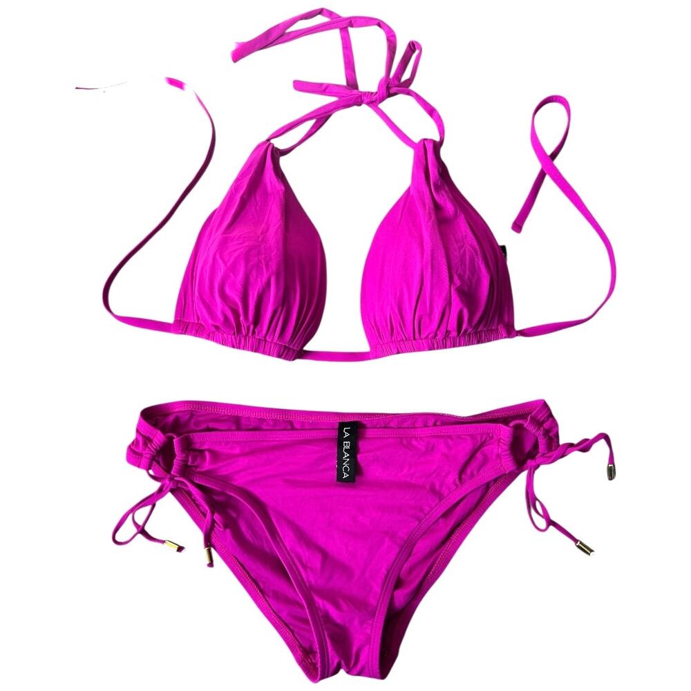 EUC Fuchsia La Blanca Island Goddess Halter Top Bikini Bottom SET Large